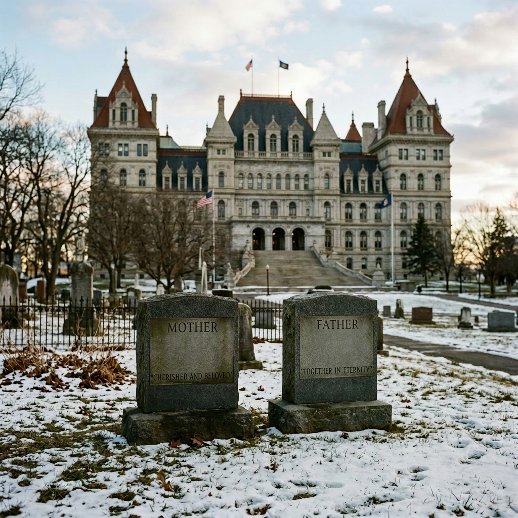 Gravestones of Elizabeth Ann Miller and Robert James Miller with historic building behind